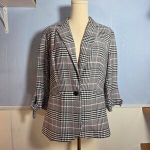 Elle Large Baby Pink Black Tweed Single Button 3/4 Sleeve Lightweight Jacket